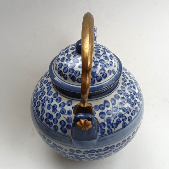 Oriental Style Blue & White Porcelain Teapot With Brass Handle Not Used VTG - Picture 5 of 12